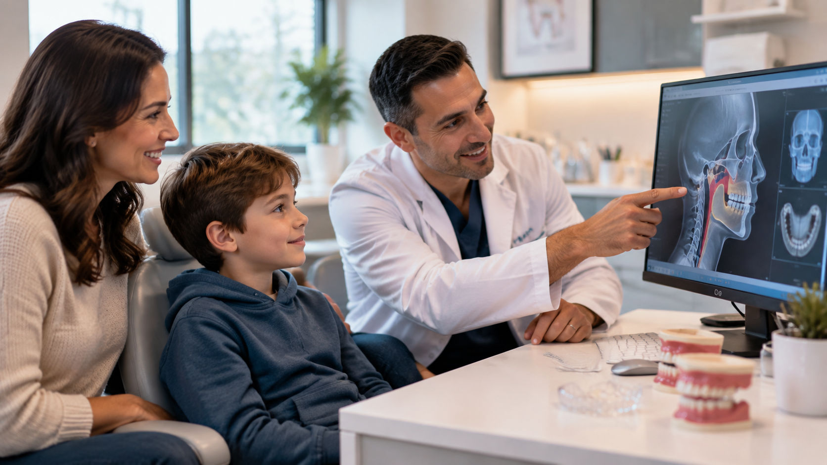 Child receiving an airway orthodontic evaluation with a parent while an orthodontist explains jaw development and breathing assessment on a digital monitor.